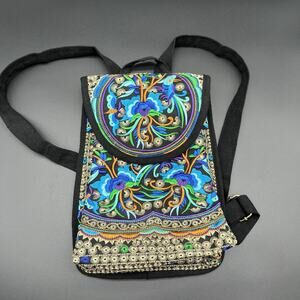 Embroidered Backpack Bag Purse Drawstring Snap Boho Festival